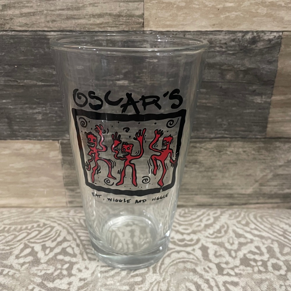Oscar's Eat Wiggle & Giggle Pint Glass Dancing Red Figures Clear Barware Tumbler